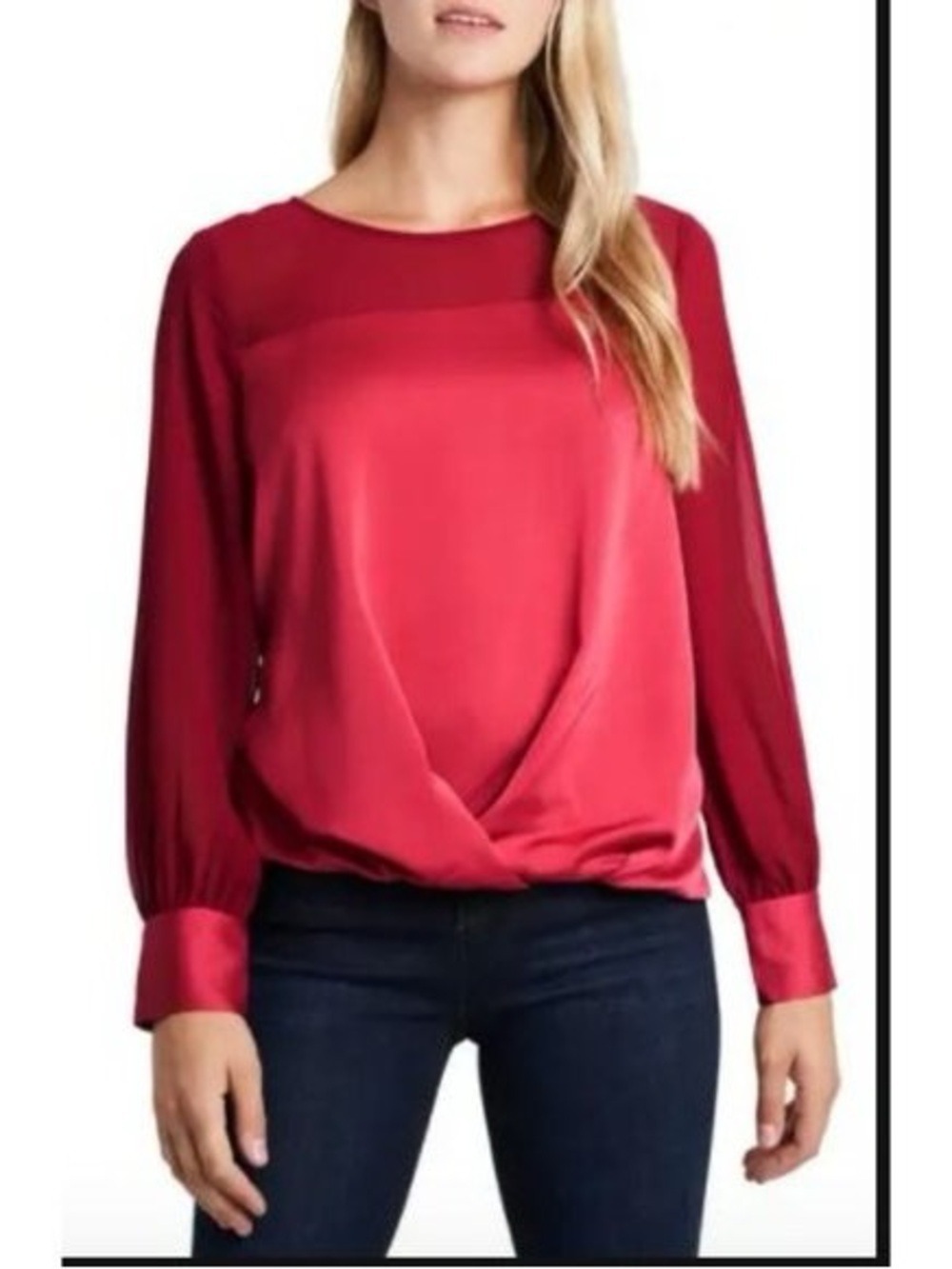 Vince Camuto Satin Twist Blouse Red Long-Sleeve Small